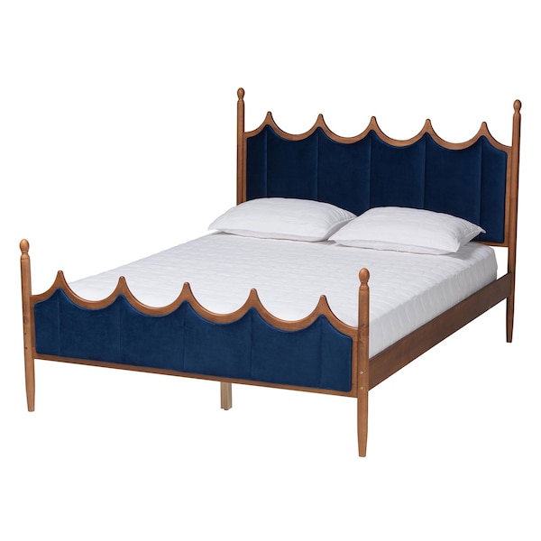 Baxton Studio Calgary Retro-Modern Royal Blue Velvet Fabric and Walnut Brown Wood Queen Size Platform Bed 245-13442-ZORO - main
